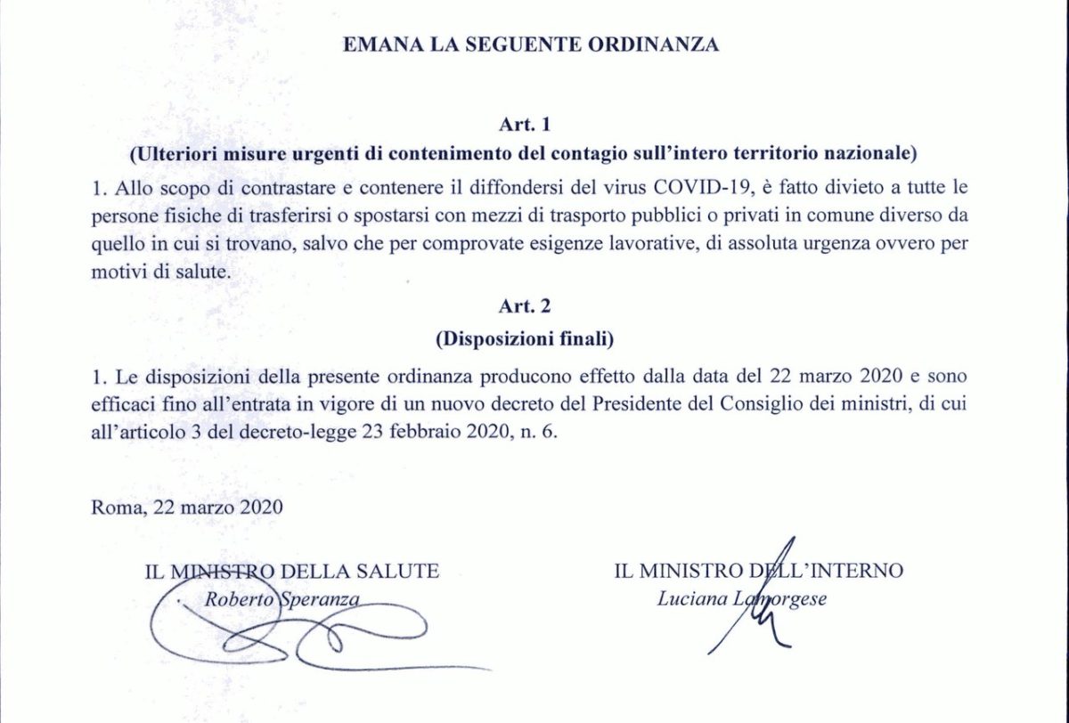 Ordinanza Divieto spostamento Comune Coronavirus